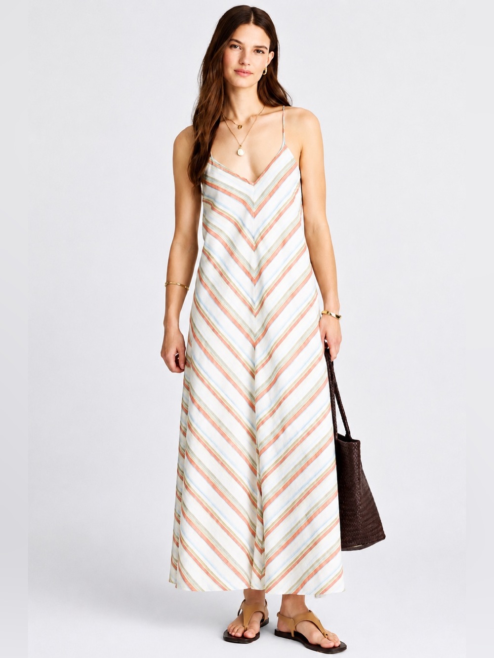 New! Madewell Chevron Multi Color Striped V Neck Midi Dress in 100% Linen.